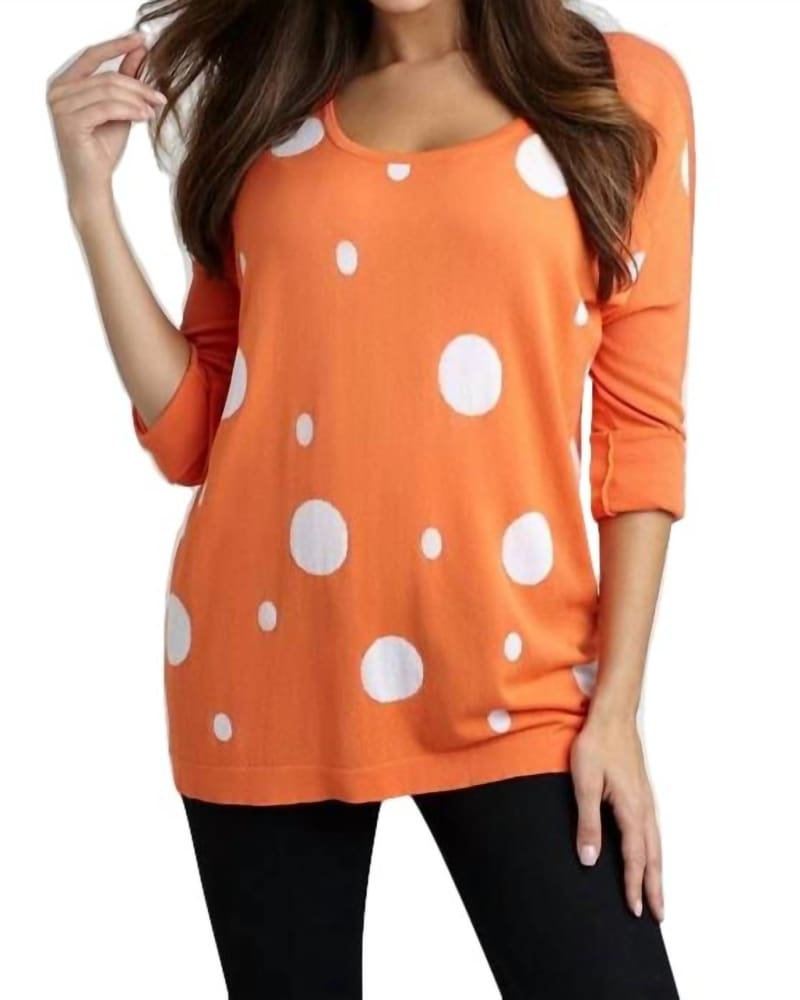 Front of a model wearing a size 2X Bubbles Graphic Sweater in Orange/White in Orange/White by ANGEL. | dia_product_style_image_id:325718
